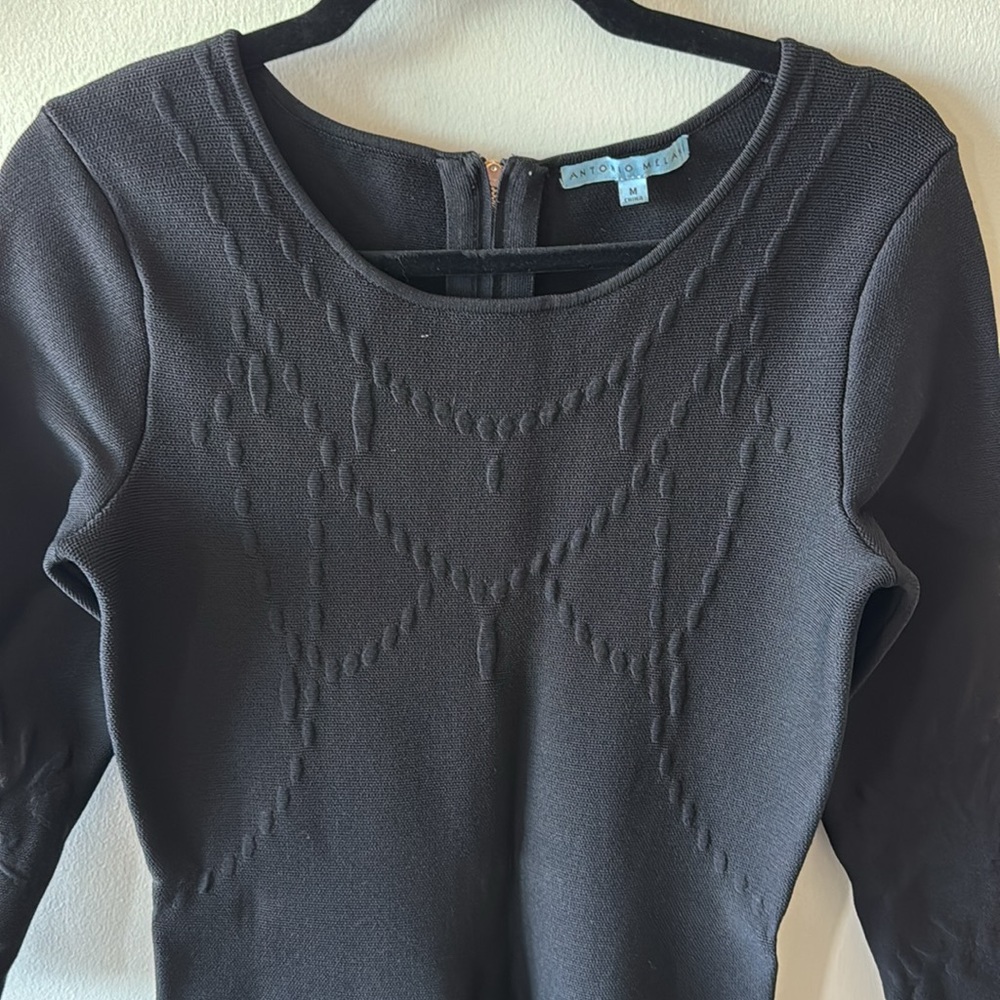 Antonio Melani Size Medium Long Sleeved Patterned A-Line Black Dress Business